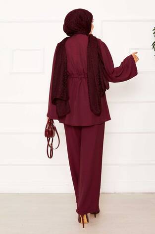 Beli Tünel Kuşaklı Kimono İkili Takım Bordo - Thumbnail