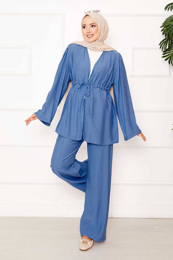 Beli Tünel Kuşaklı Kimono İkili Takım Mavi Beli Tünel Kuşaklı Kimono İkili Takım Mavi