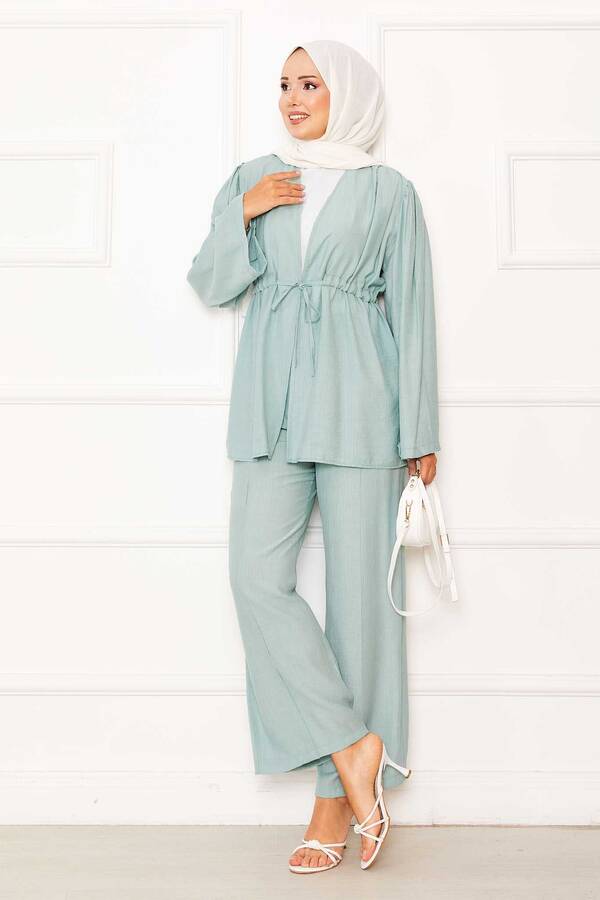 Beli Tünel Kuşaklı Kimono İkili Takım Mint
