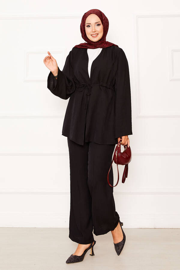 Beli Tünel Kuşaklı Kimono İkili Takım Siyah Beli Tünel Kuşaklı Kimono İkili Takım Siyah