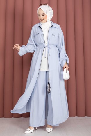 Beli Tünelli Fermuarlı Tunik Pantolon Takım Bebe Mavisi