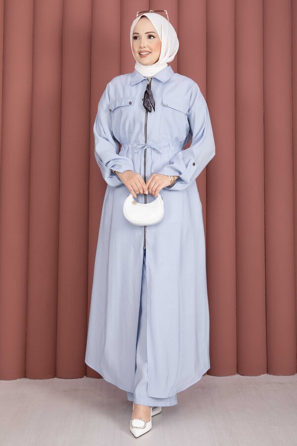 Beli Tünelli Fermuarlı Tunik Pantolon Takım Bebe Mavisi - 3