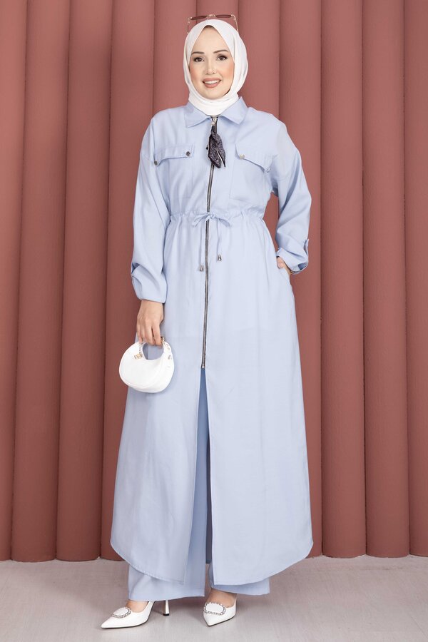 Beli Tünelli Fermuarlı Tunik Pantolon Takım Bebe Mavisi - 4
