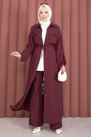 Beli Tünelli Fermuarlı Tunik Pantolon Takım Bordo - Thumbnail
