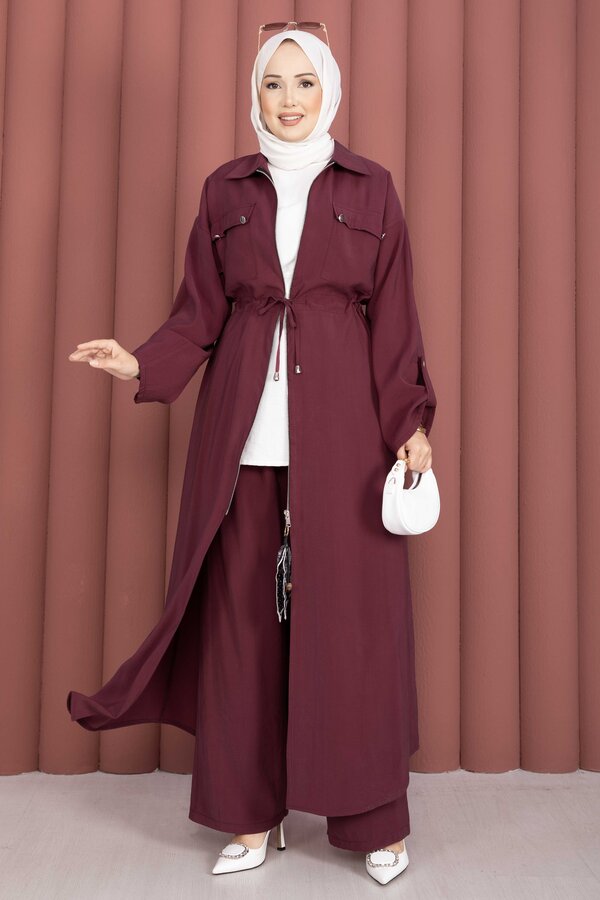 Beli Tünelli Fermuarlı Tunik Pantolon Takım Bordo - 3