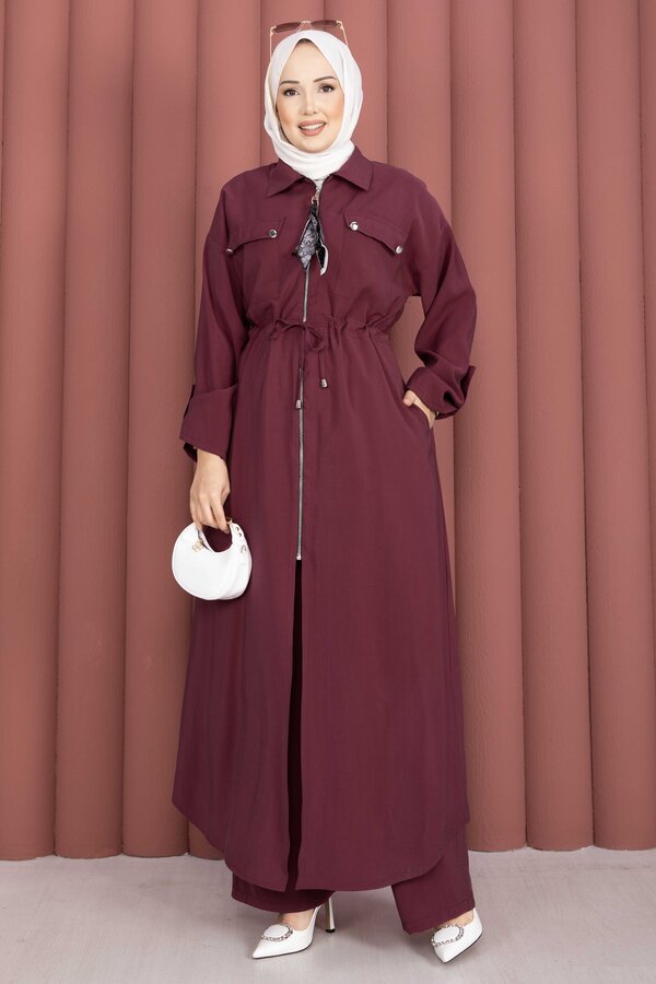 Beli Tünelli Fermuarlı Tunik Pantolon Takım Bordo - 4