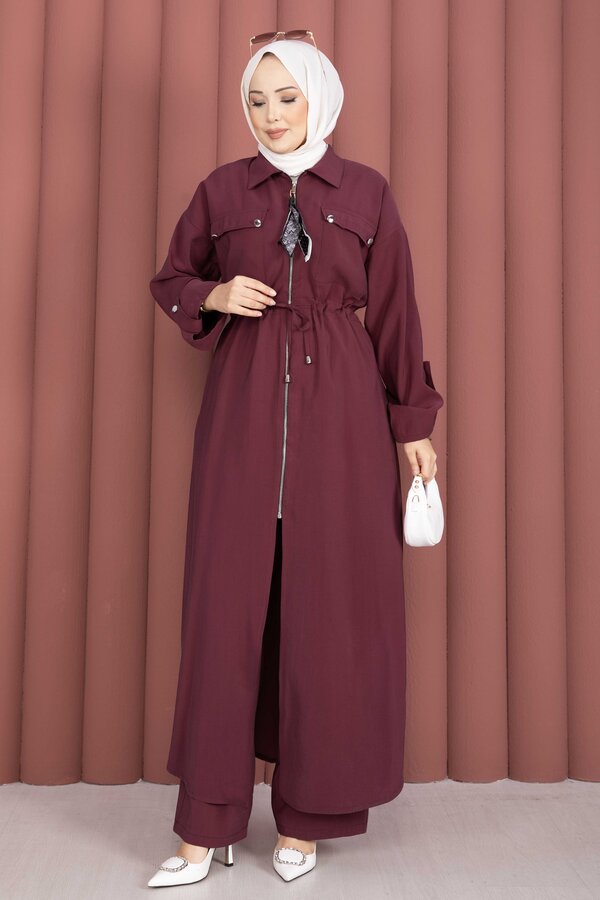 NS - Beli Tünelli Fermuarlı Tunik Pantolon Takım Bordo