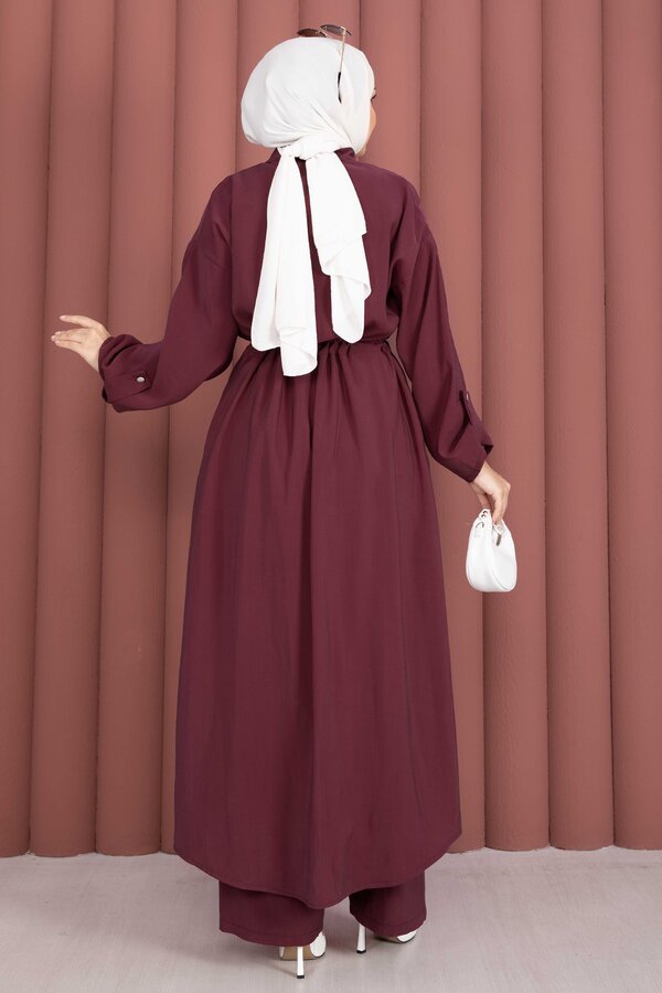 Beli Tünelli Fermuarlı Tunik Pantolon Takım Bordo - 5