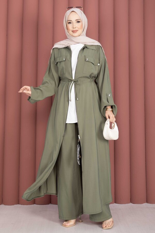 Beli Tünelli Fermuarlı Tunik Pantolon Takım Haki - 3