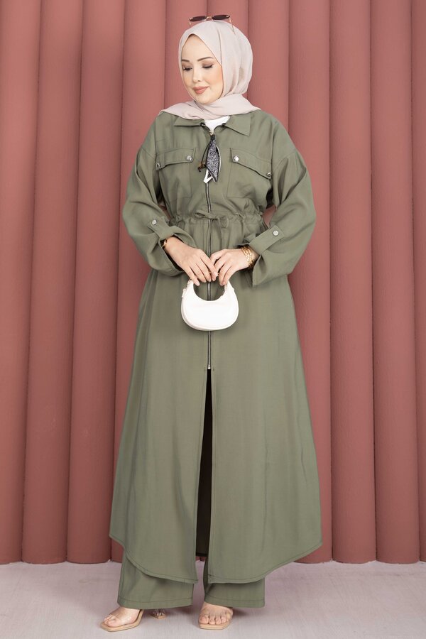 Beli Tünelli Fermuarlı Tunik Pantolon Takım Haki - 4