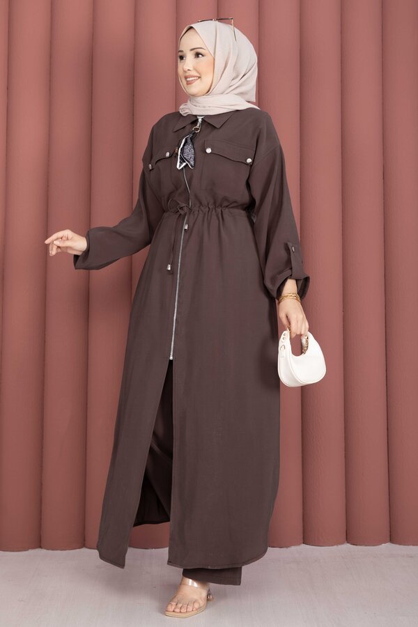 Beli Tünelli Fermuarlı Tunik Pantolon Takım Kahve - 3
