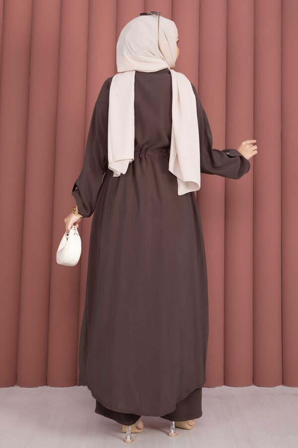 Beli Tünelli Fermuarlı Tunik Pantolon Takım Kahve - 5