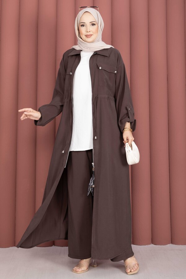 Beli Tünelli Fermuarlı Tunik Pantolon Takım Kahve - 4