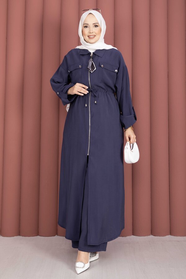 Beli Tünelli Fermuarlı Tunik Pantolon Takım Lacivert - 3