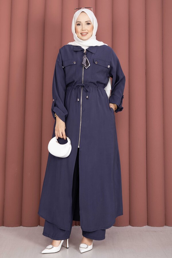 Beli Tünelli Fermuarlı Tunik Pantolon Takım Lacivert - 4