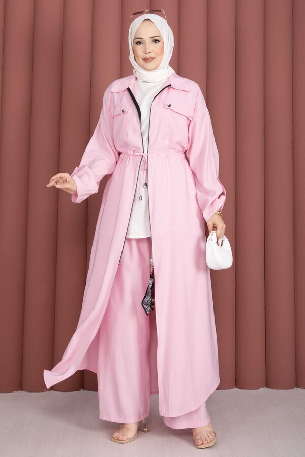 Beli Tünelli Fermuarlı Tunik Pantolon Takım Pembe - 3