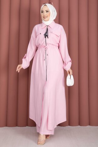 Beli Tünelli Fermuarlı Tunik Pantolon Takım Pembe - Thumbnail