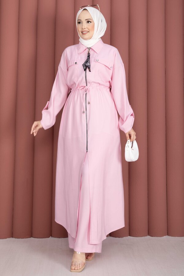 Beli Tünelli Fermuarlı Tunik Pantolon Takım Pembe - 4