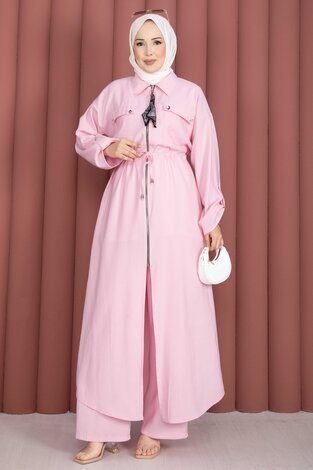 Beli Tünelli Fermuarlı Tunik Pantolon Takım Pembe