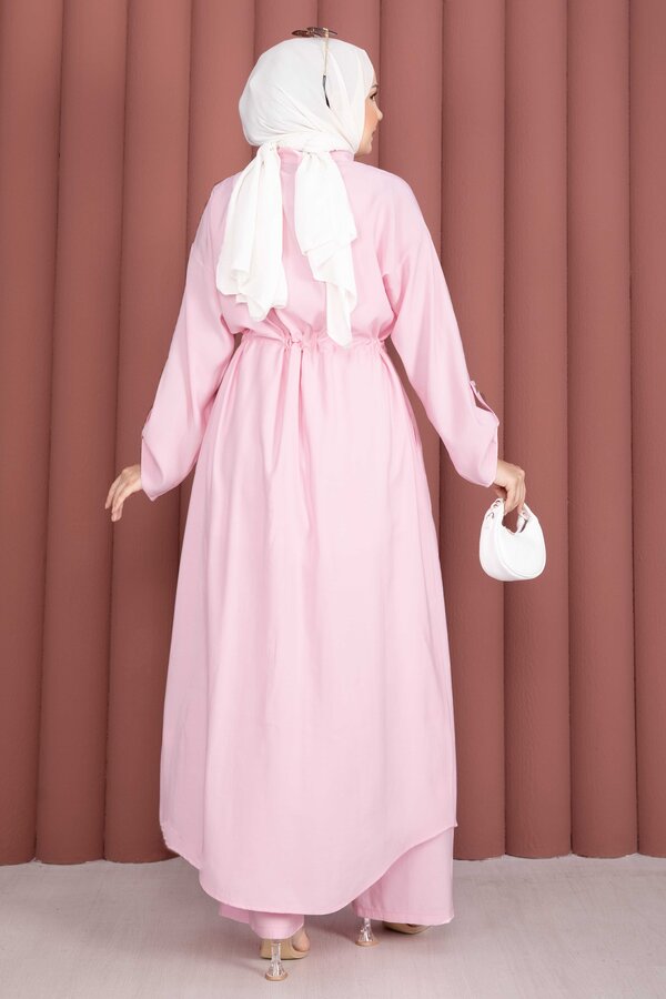 Beli Tünelli Fermuarlı Tunik Pantolon Takım Pembe - 5