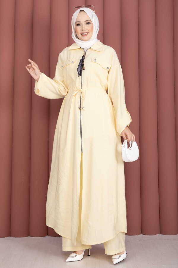 Beli Tünelli Fermuarlı Tunik Pantolon Takım Sarı - 4