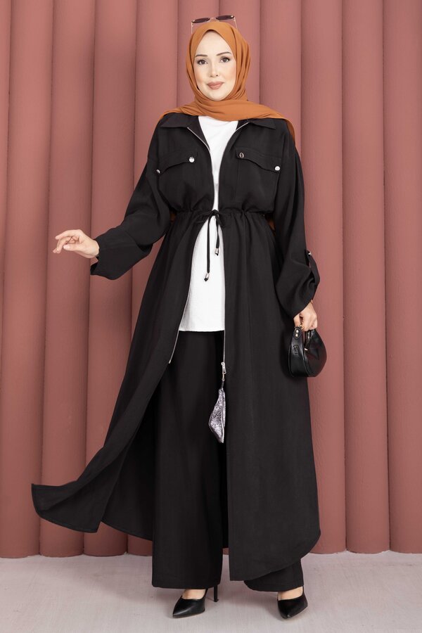 Beli Tünelli Fermuarlı Tunik Pantolon Takım Siyah - 3
