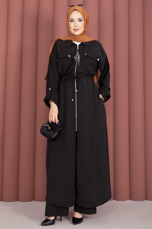 Beli Tünelli Fermuarlı Tunik Pantolon Takım Siyah