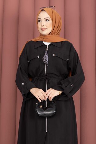 Beli Tünelli Fermuarlı Tunik Pantolon Takım Siyah - Thumbnail