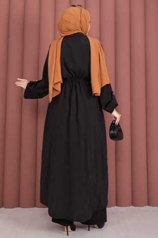 Beli Tünelli Fermuarlı Tunik Pantolon Takım Siyah - Thumbnail