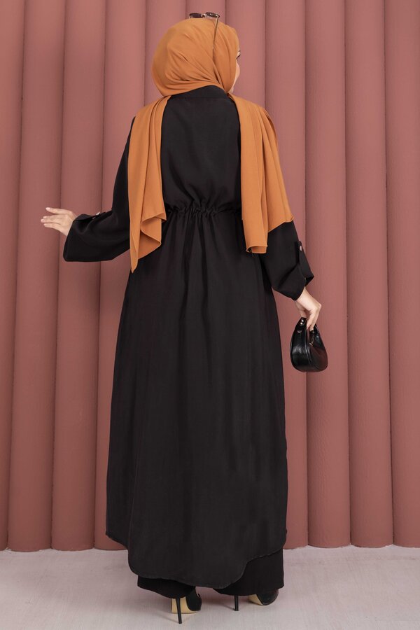 Beli Tünelli Fermuarlı Tunik Pantolon Takım Siyah - 4