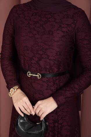 Bella Dantel Detaylı Kemerli Tesettür Elbise Bordo - Thumbnail