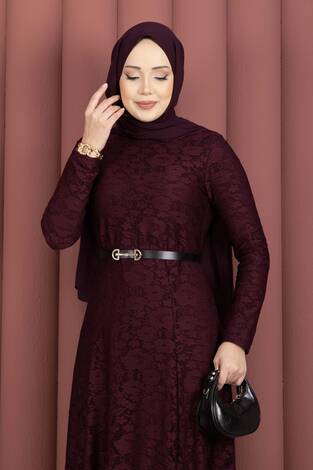 Bella Dantel Detaylı Kemerli Tesettür Elbise Bordo - Thumbnail