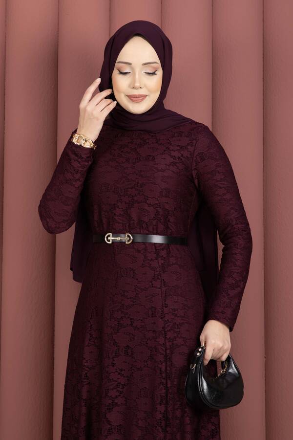 Efl - Bella Dantel Detaylı Kemerli Tesettür Elbise Bordo (1)