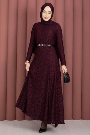 Bella Dantel Detaylı Kemerli Tesettür Elbise Bordo - Thumbnail