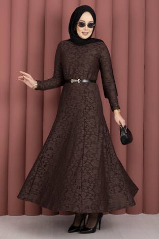 Bella Dantel Detaylı Kemerli Tesettür Elbise Kahve - Thumbnail
