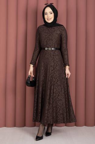Bella Dantel Detaylı Kemerli Tesettür Elbise Kahve - Thumbnail