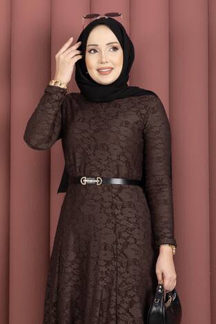 Bella Dantel Detaylı Kemerli Tesettür Elbise Kahve - Thumbnail