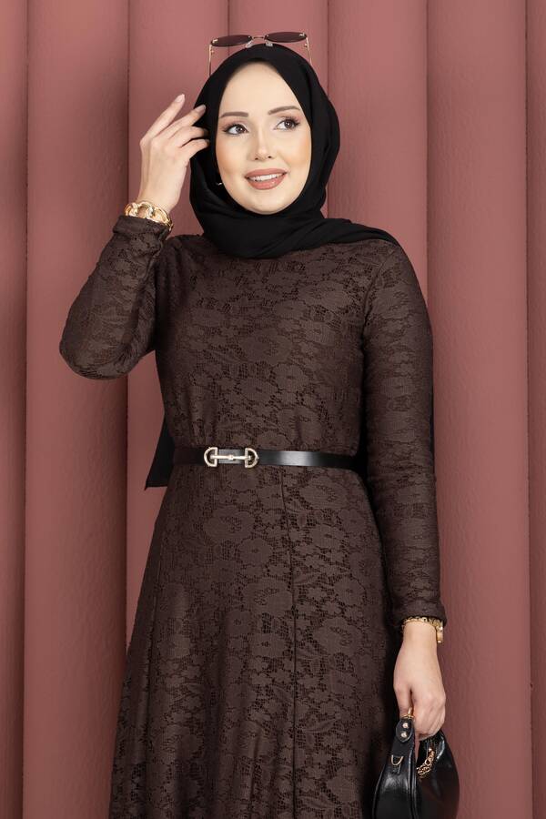 Efl - Bella Dantel Detaylı Kemerli Tesettür Elbise Kahve (1)