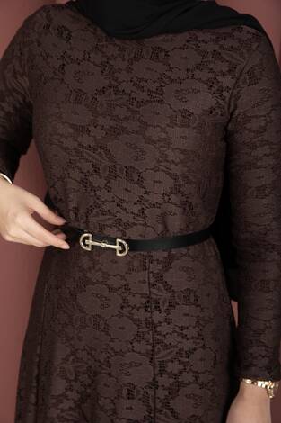 Bella Dantel Detaylı Kemerli Tesettür Elbise Kahve - Thumbnail