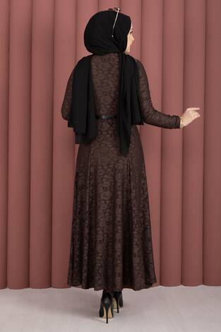 Bella Dantel Detaylı Kemerli Tesettür Elbise Kahve - Thumbnail