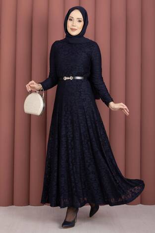 Bella Dantel Detaylı Kemerli Tesettür Elbise Lacivert - Thumbnail