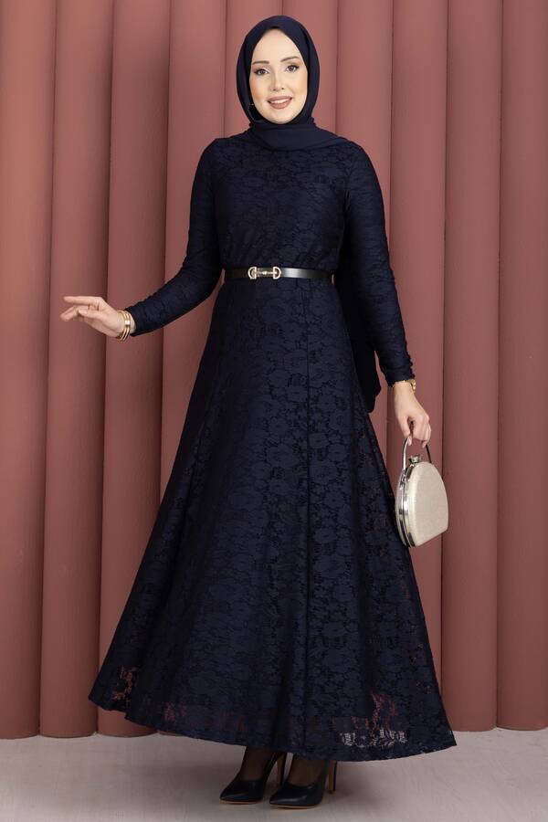 Efl - Bella Dantel Detaylı Kemerli Tesettür Elbise Lacivert