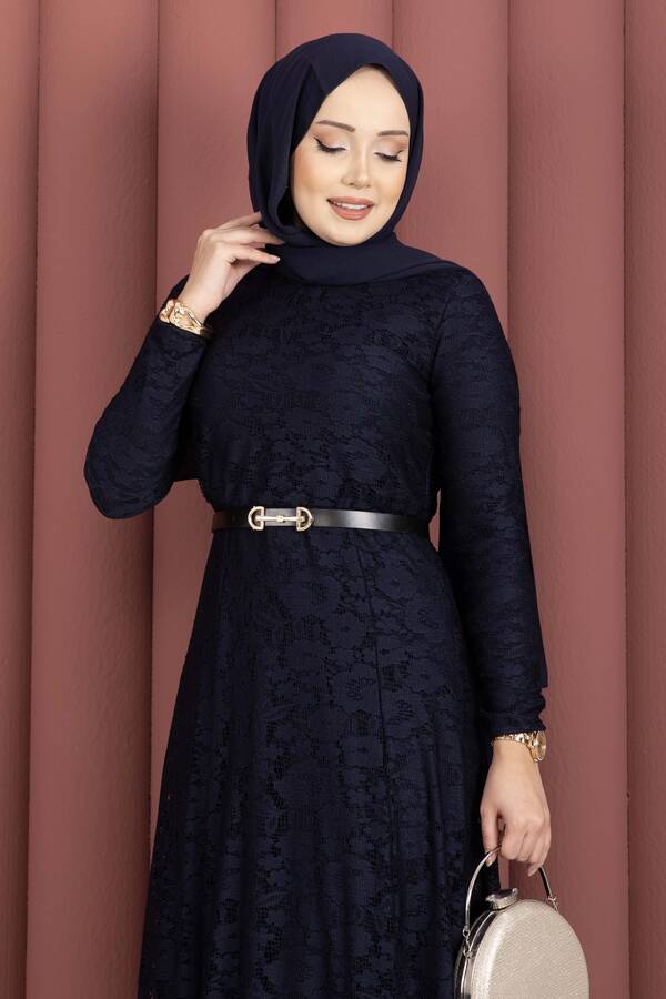 Efl - Bella Dantel Detaylı Kemerli Tesettür Elbise Lacivert (1)