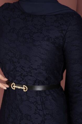 Bella Dantel Detaylı Kemerli Tesettür Elbise Lacivert - Thumbnail