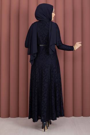 Bella Dantel Detaylı Kemerli Tesettür Elbise Lacivert - Thumbnail