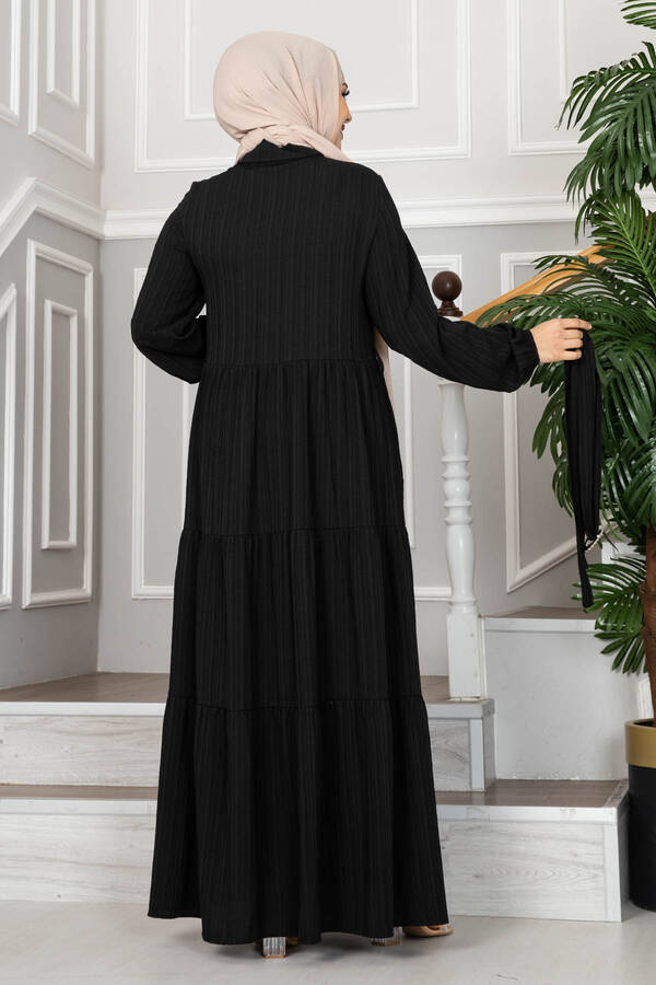 Beril Beli Kuşaklı Tesettür Elbise Siyah
