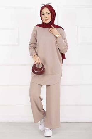 Bisiklet Yaka Basic Oyşo İkili Takım Bej - Thumbnail