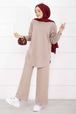 Bisiklet Yaka Basic Oyşo İkili Takım Bej - Thumbnail