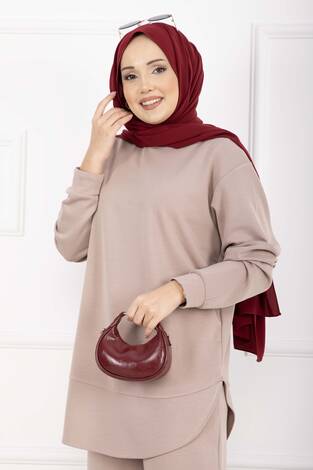 Bisiklet Yaka Basic Oyşo İkili Takım Bej - Thumbnail