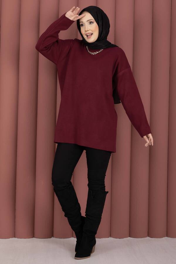 RAF - Bisiklet Yaka Salaş Triko Tunik Bordo